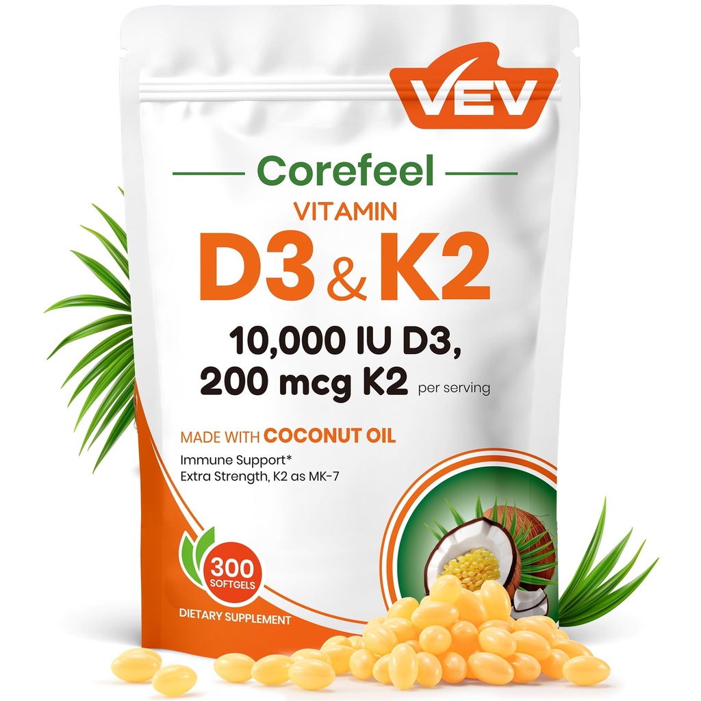 VEV Corefeel vitamin D3 K2 10.000 IU, 200 mcg MK-7, 300 kokosolje Softgels, 2 i 1 vitaminer Supplement D & K (inkluder MK7), lett å svelge, støtter kalsiumabsorpsjon, bein helse
