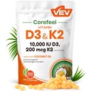 VEV Corefeel vitamin D3 K2 10.000 IU, 200 mcg MK-7, 300 kokosolje Softgels, 2 i 1 vitaminer Supplement D & K (inkluder MK7), lett å svelge, støtter kalsiumabsorpsjon, bein helse