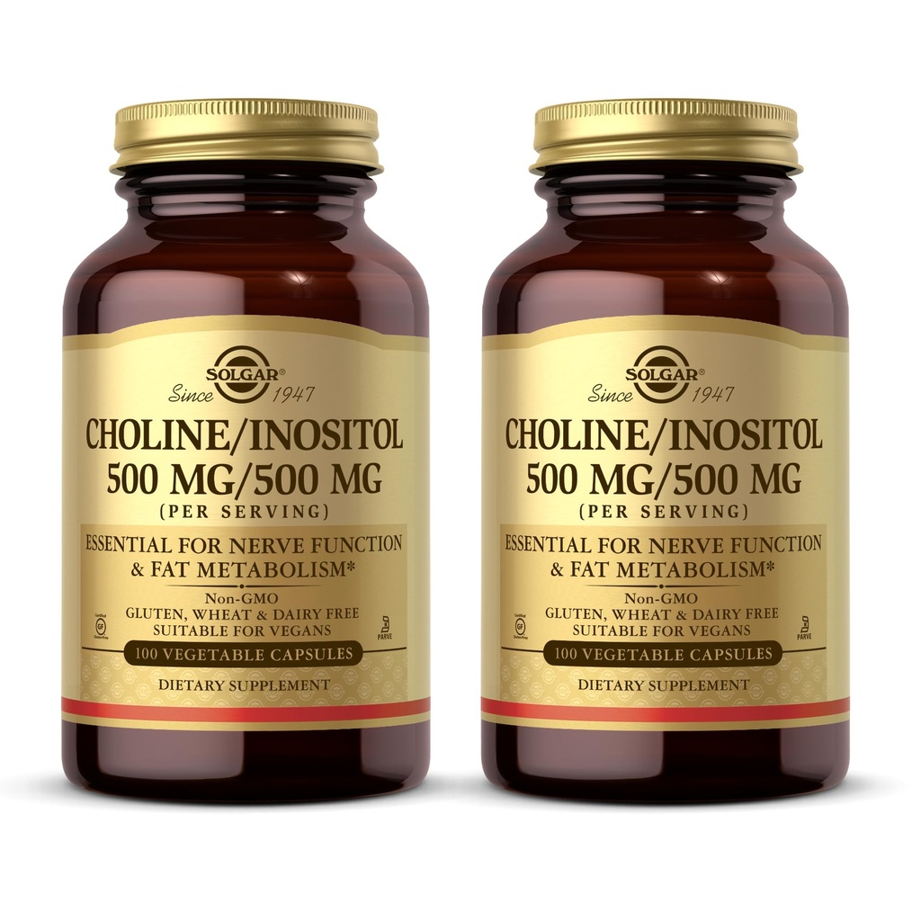 Solgar Choline/Inositol 500 mg/500 mg, 100 Grønnsaker Capsules (pakke med 2) - Energimetabolisme, leverhelse, essensiell for hjernen og nervefunksjon - Non-GMO, Vegan, Kosher - 100 Total Services