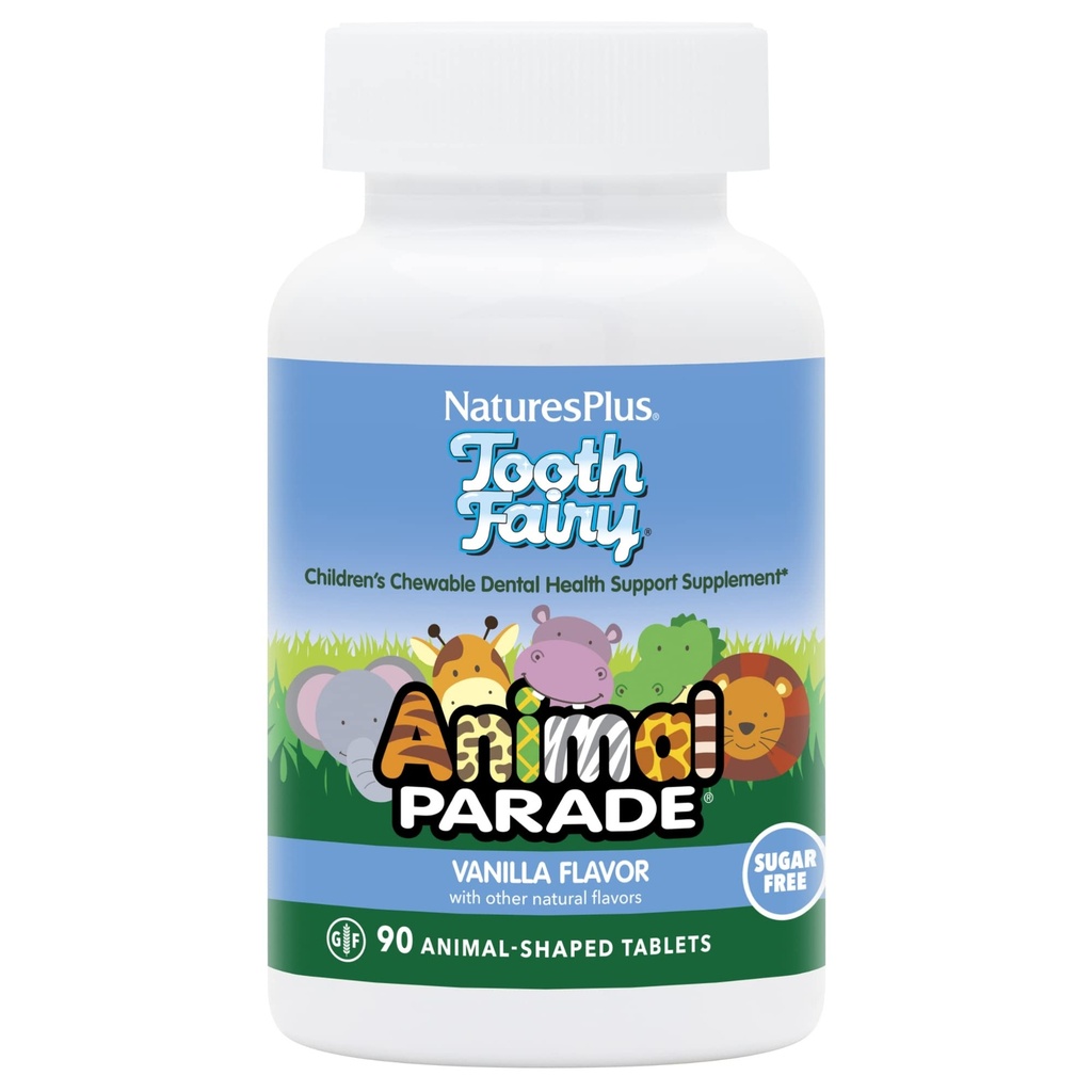 Natures Plus Animal Parade Tandfeie Barne Chewables - Naturlig Vanilla Flavor - 90 Animal-Shaped Tabletter - Dental Helse Supplement - Vegetarisk, Glutenfri - 45 Serveringer