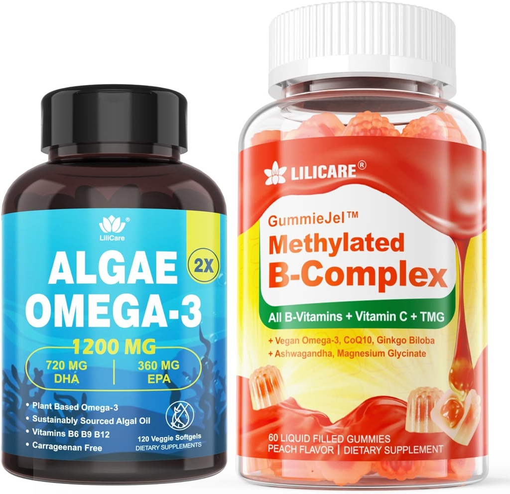 Vitamin B-kompleks fylte gummier og plantebasert Algae Omega 3 1200 mg Supplement