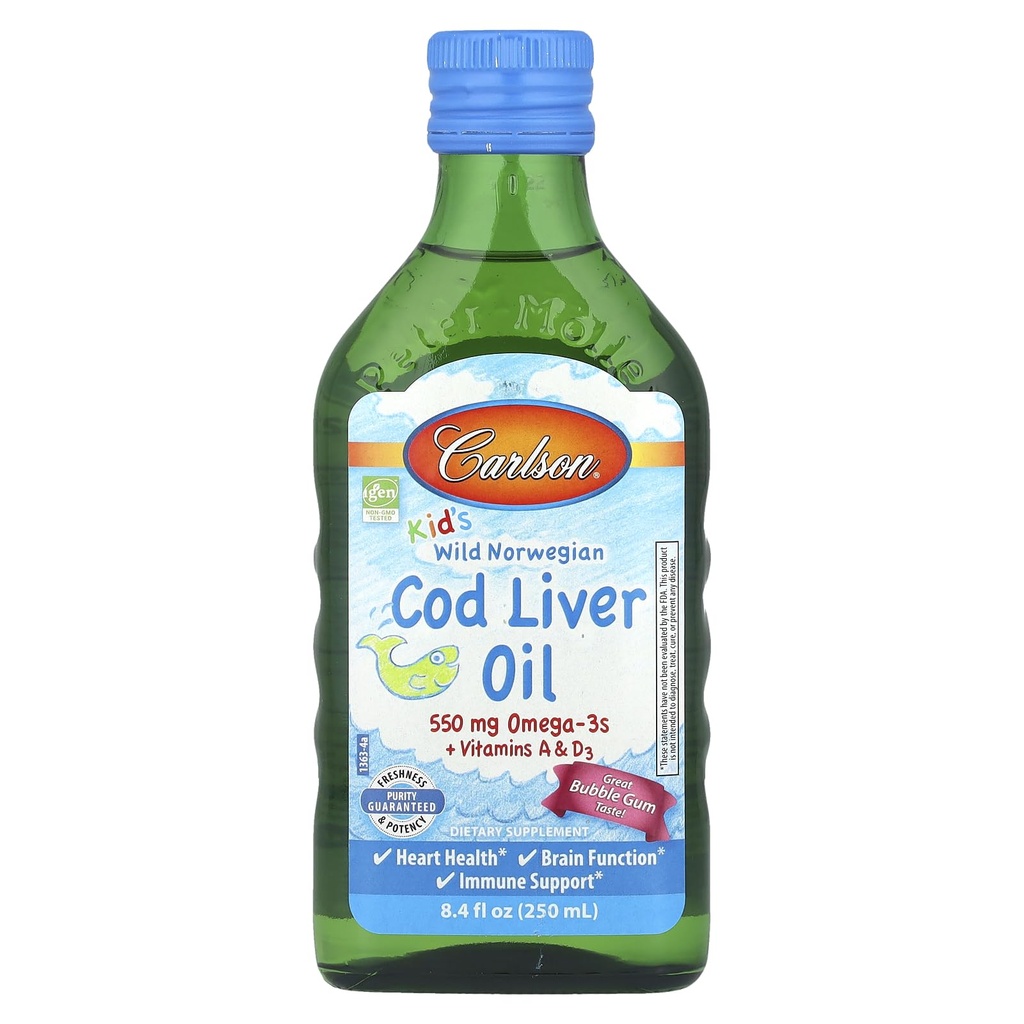 Carlson Kid's Wild Norwegian, Cod Liver Oil + vitaminer A & D3, Bubble Gum, 8,4 fl oz (250 ml)