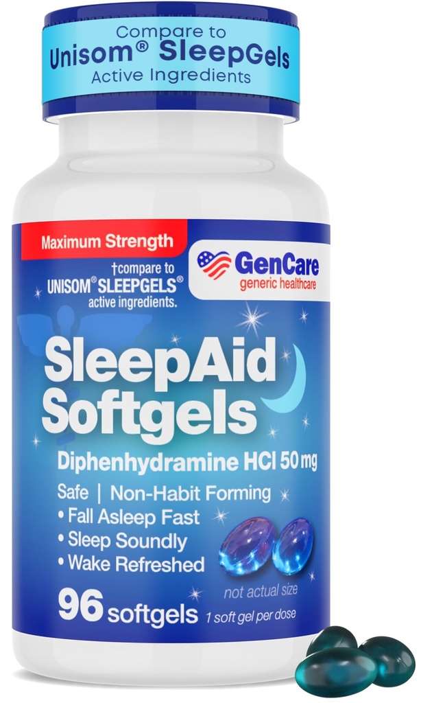 GenCare Maksimal styrke natt søvnhjelp kosttilskudd for voksne dyp søvn piller med difenhydramin HCl 50mg å falle sove raskere - sterk ikke-habit forming PM søvn relief [96 softgels]