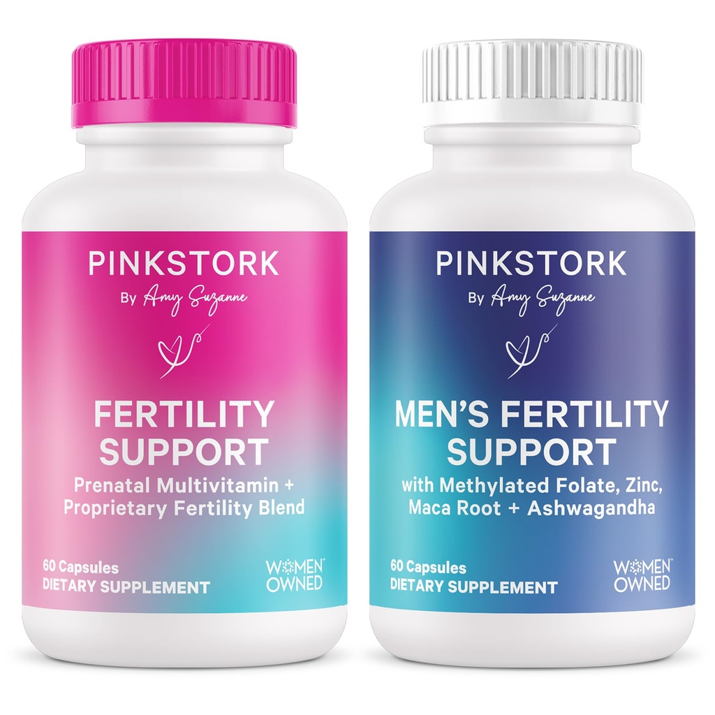 Pink Stork Hans og Hers Fertilitet Bundle: Fertilitet Kosttilskudd for kvinner, Fertilitet Kosttilskudd for menn, Fertilitet Prenatal Vitamin, Vitex, Inositol, Folat, Vitamin B6, 60 Kapsler