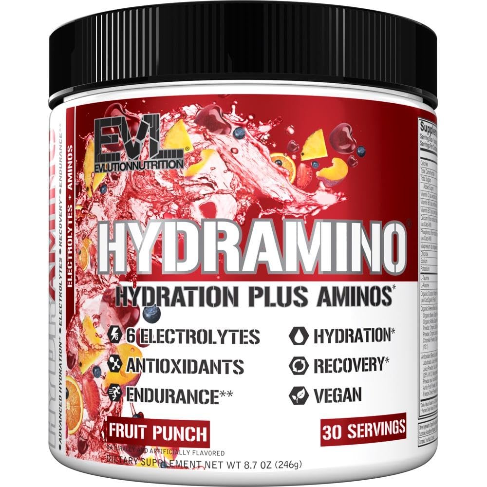 Evlusjonsnæring HYDRAMINO Komplett Hydration Multiplier, Alle 6 Elektrolytter, Vitamin C & B, Fluid Boosting Aminos, Kokosvann, Endurance, Restitusjon, Antioksidanter, 30 Servere, Frukt Punch