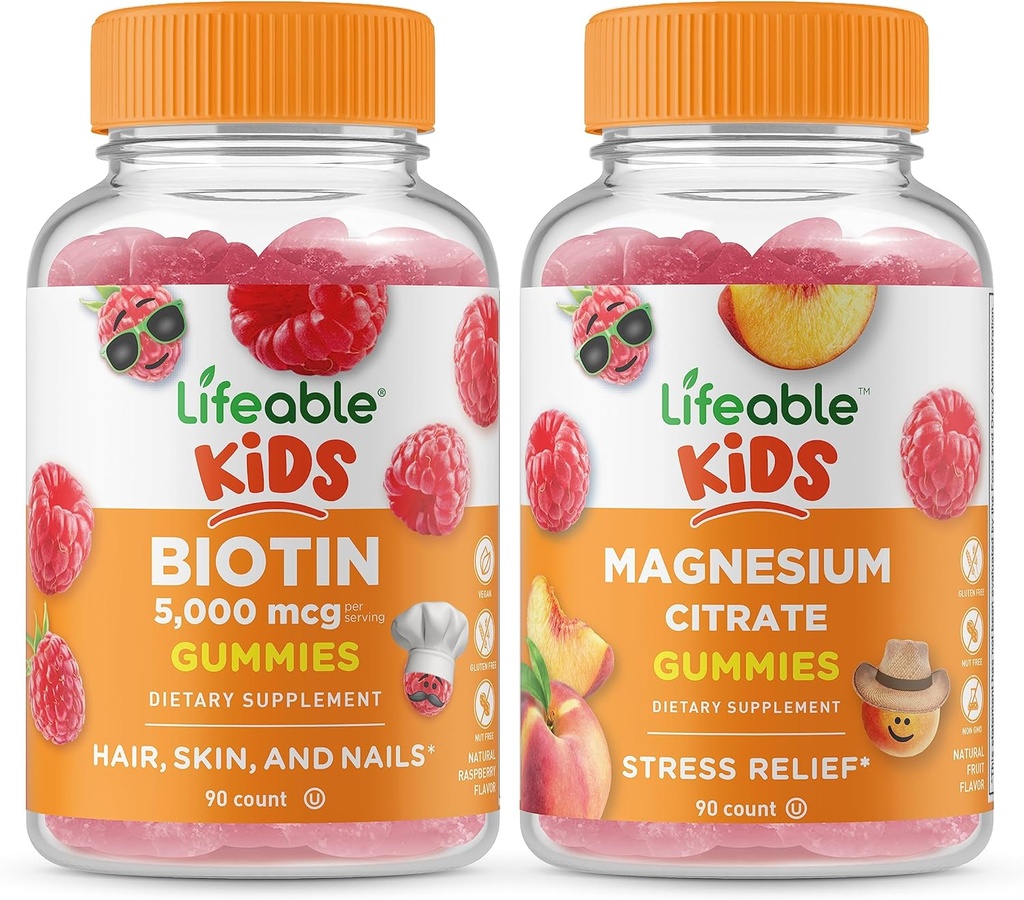 Livbar Biotin Kids + Magnesium Citrate Kids, Gummies Bundle - Great Tasting, Vitamin Supplement, Glutenfri, GMO Gratis, Chewable Gummy
