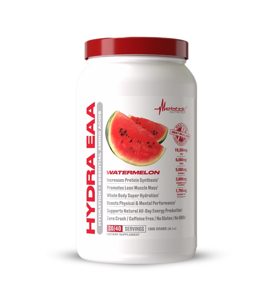 Metabolsk Ernæring Hydra EAA, 1000g essensielle aminosyrer + Hydration, EAAs, BCAA, Glutamin, Electorlytes, kokosvann og glycerol, Amazing Flavors (vannmelon, 1000g)