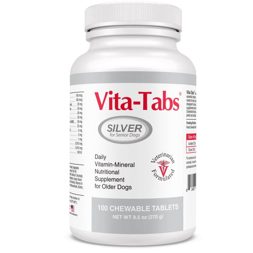 Sølv - vitaminer, mineraler, næringsstoffer - Støtte for eldre hund - Supplement for sunn bein, felles, energi, immunsystem - 100 Chewable Tabletter