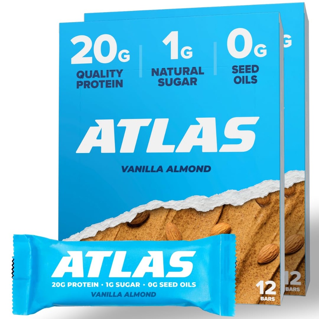Atlas Protein Bar – 20g Clean Protein, 1g Naturlig Sukker, Ingen frøoljer, Glutenfri, Ingen kunstige søtningsmidler - Vanilla Almond 24 greve