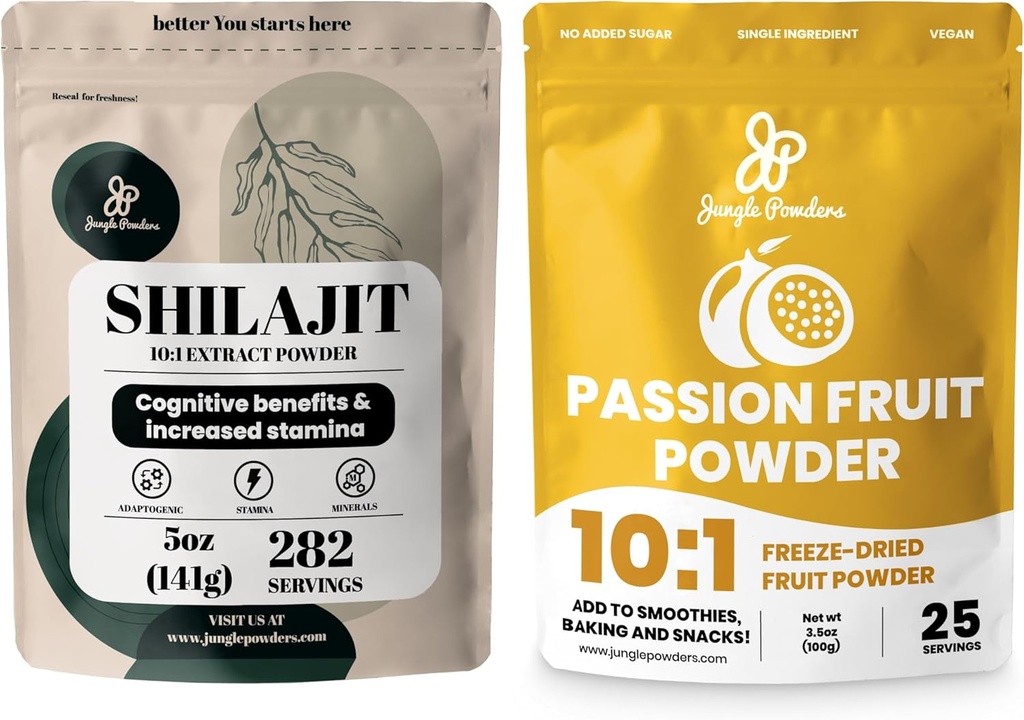 Jungle pulvere Premium Duo: 5oz Raw Shilajit & 3.5oz Passion Frukt pulver - Energistøtte for menn, immunforsterkning, med fryse tørket lidenskapsfrukt pulver for baking, smoothies, additiv-fri ekstrakt