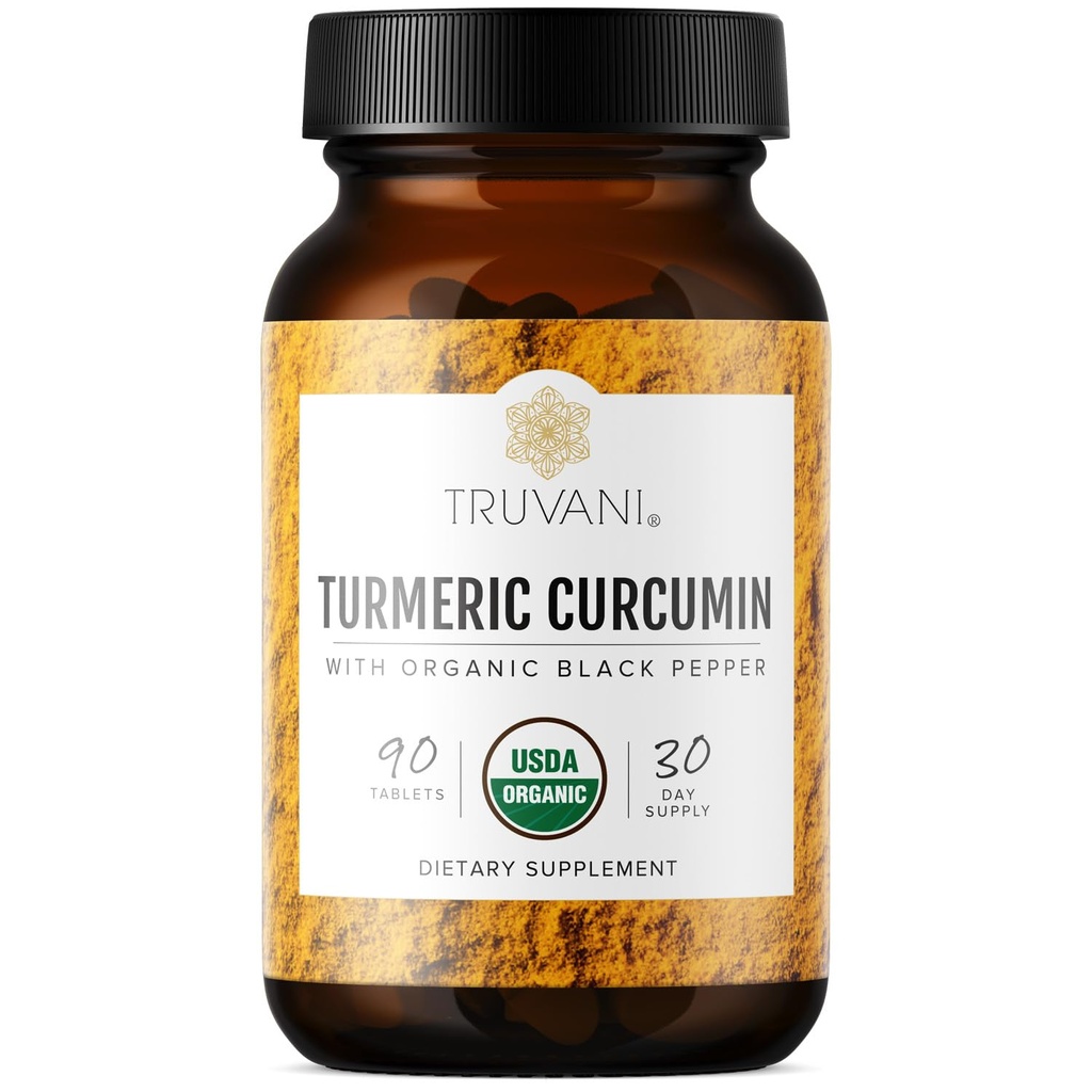 Truvani Organic Turmeric Curcumin Tabletter 1350 mg Hver - naturlig felles støtte med svart pepper for absorpsjon - 90 tabletter