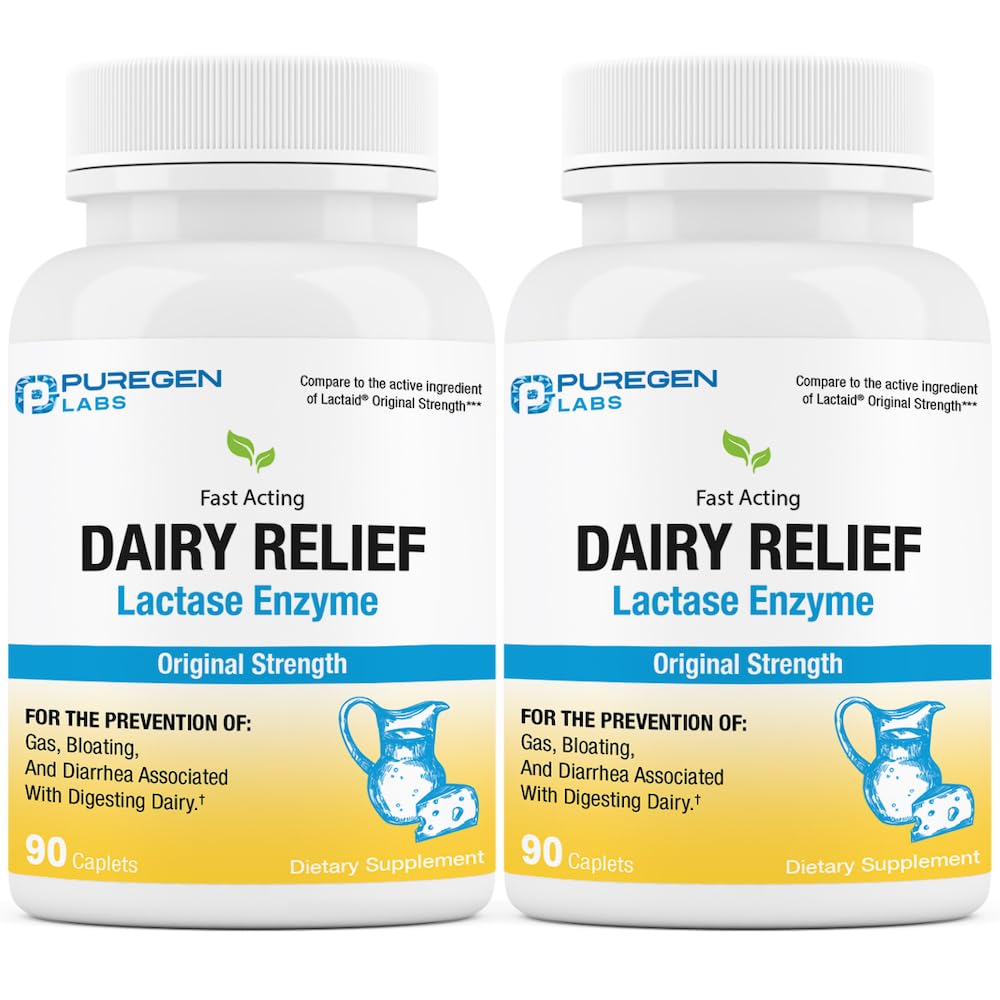 Puregen Labs Dairy Relief Natural Fast Acting Lactase Enzyme 3000 FCC, Laktose Intolerance Pills ® 2 Pack - 180 Caplets Totalt