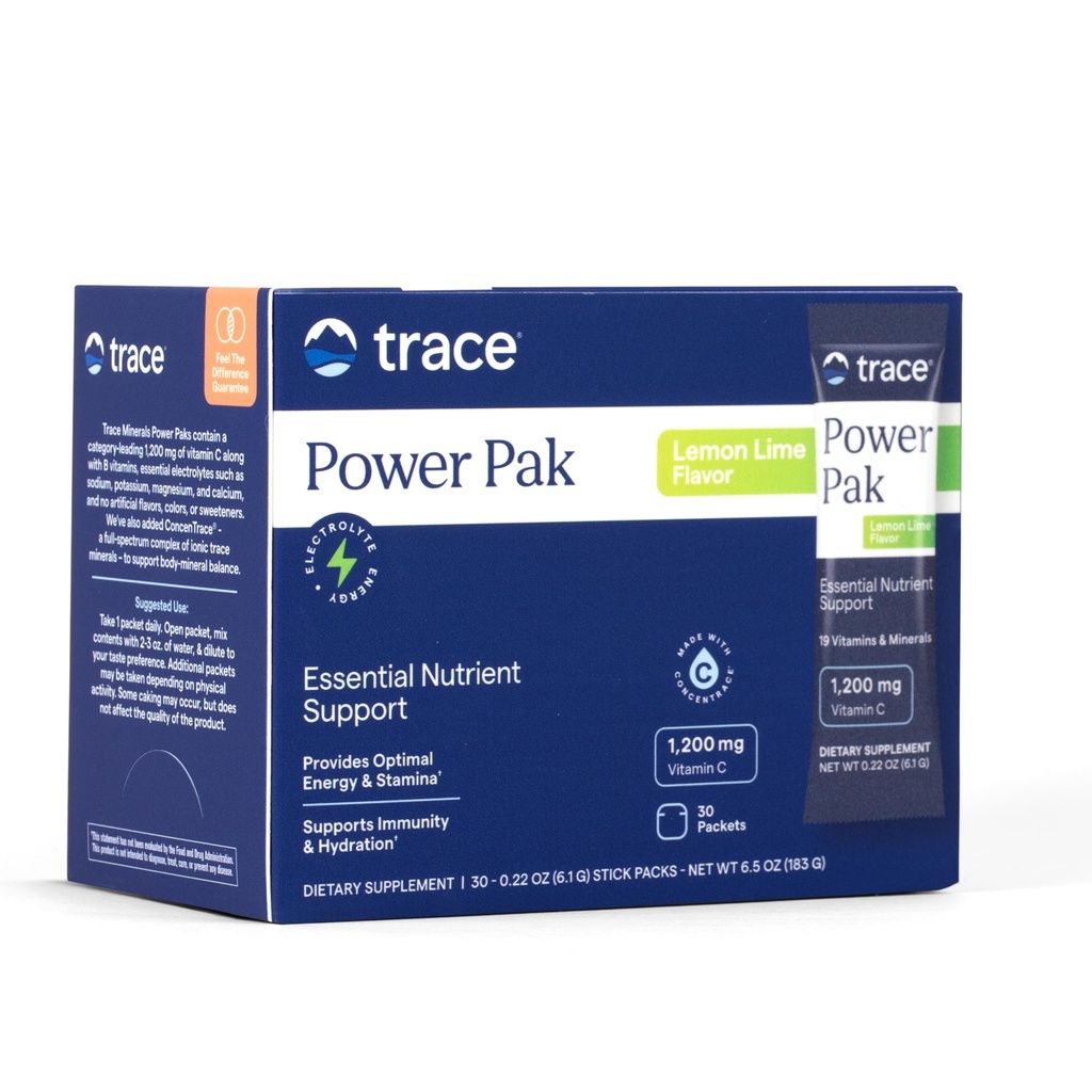 Trace Minerals Power Pak Multivitamin og Multimineral Packets - Electrolyt støtte - 1200 mg Vitamin C pluss 70+ Trace Minerals - Lemon Lime Flavor - 30 Packets