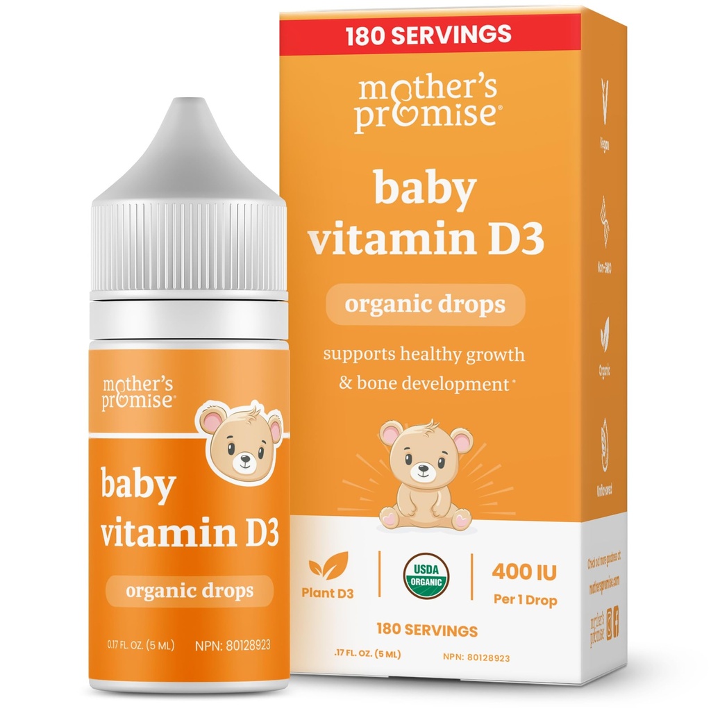 Mors løfte Økologisk Baby D-vitamin D-dråper | 100% Plante Basert | Sunn vekst og beinutvikling | Alder Nyfødt + | 180 Serveringer | Baby vitamin D3 Flytende for spedbarn & tilhengere | 400 IU for babyer