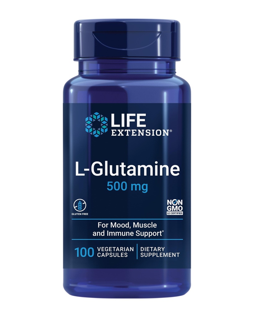 Life Extension L-Glutamine, 500 mg L-glutamin, Aminosyre, støtter muskelhelse og immun helse, glutenfri, ikke-GMO, 100 vegetariske kapsler