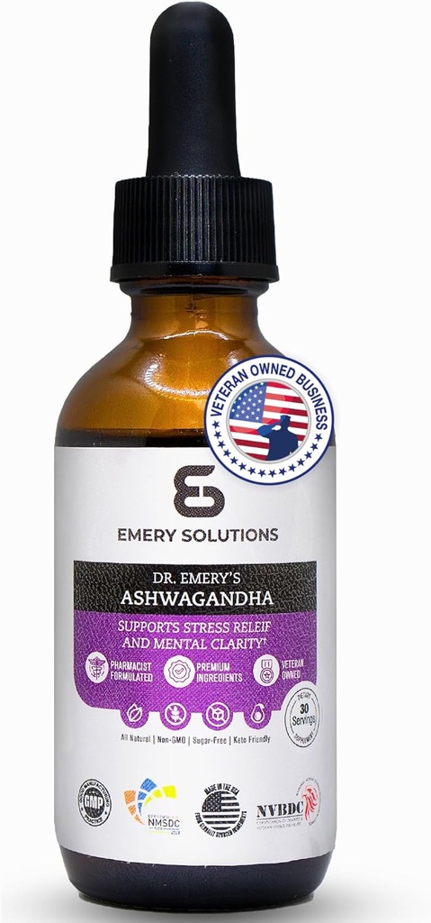 Dr. Emerys Ashwagandha flytende dropper organisk ekstrakt supplement for avslapning, mental klarhet, naturlig ro, og mood, vegansk, laget i USA, 30 dagers forsyning