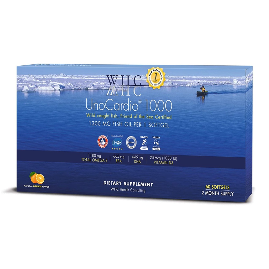 WHC, UnoCardio 1000 fiskolje, 1300 mg ren triglyceridfiskolje med Omega-3 (1180 mg), 665 mg EPA og 445 mg DHA og 25 mikrog (1000 IE) vitamin D3 per mykgel, naturlig oransje, 60 mykgel