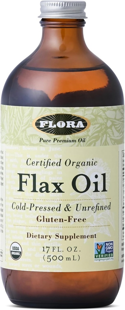 Flora - Flax Olje - Kaldpresset, ubegrenset, organisk Flax Seed Oil - Inneholder Omega-3 & Omega-6 - Ikke-GMO & Glutenfri - Holde Chilled - 17 fl. Amber Glass Flaske