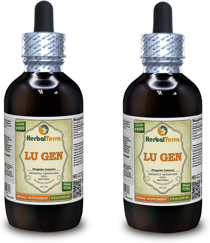 Lu Gen, Reed (Phragmites Communities) Tinktur, Tørket Root Liquid Extract (Brand Navn: HerbalTerra, Stolt laget i USA) 2x4 fl.oz (2x120 ml)