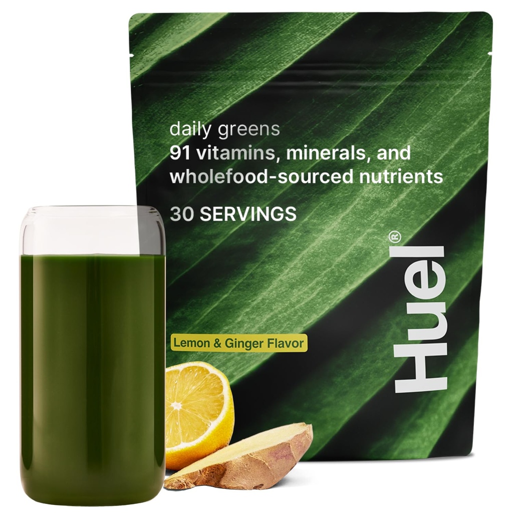 Huel Daily Greens Lemon & Ginger ® Superfood Grønn pulver ® 91 vitaminer, mineraler og helfood-kildede ingredienser ® Adaptogens, antioksidanter, Gut-vennlig probiotika ® 30