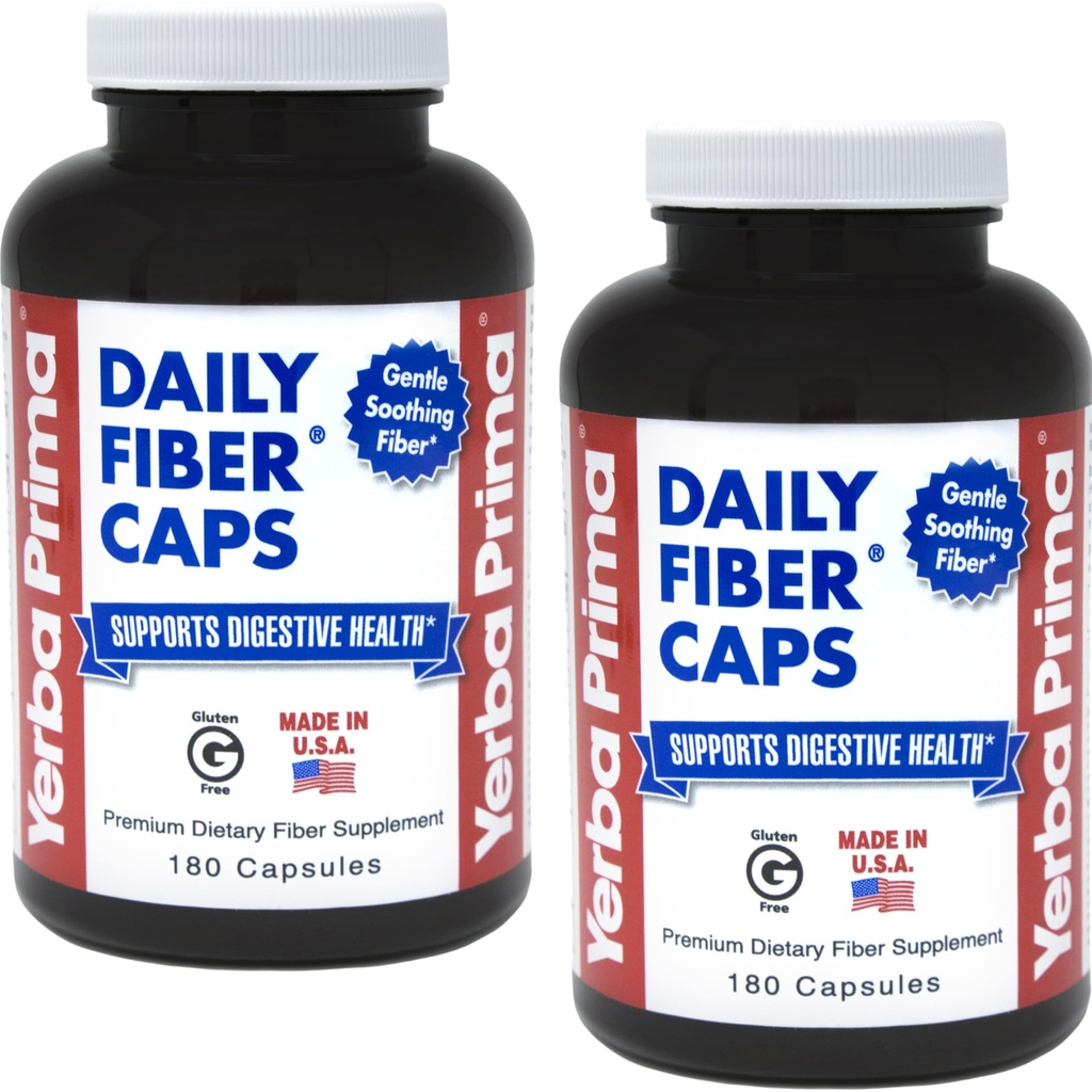 Yerba Prima Daily Fiber Formel - 180 caps (pakke med 2) - Oppløselig og uoppløselig Diett Fiber Supplement - Colon Cleanse - Gut Helse - Vegansk, ikke-GMO, Glutenfri