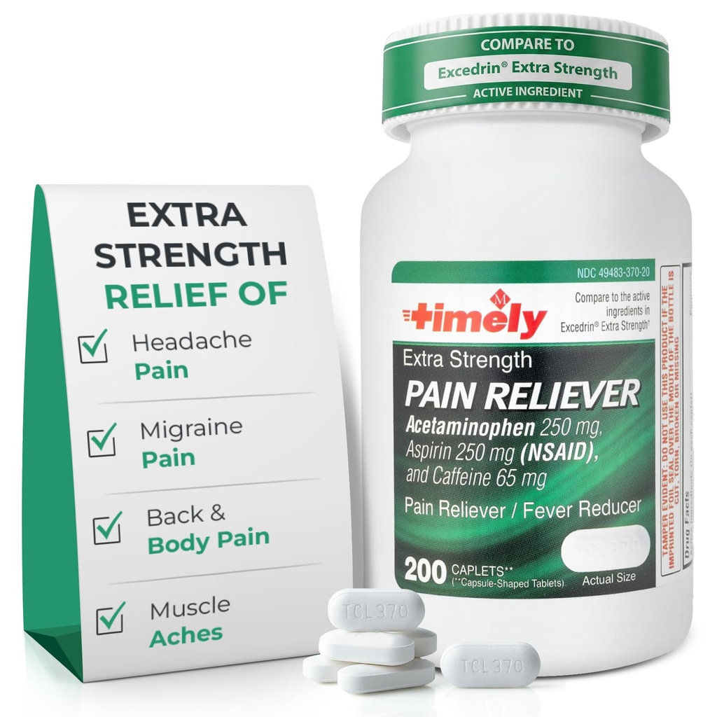 TIME-CAP LABS, INC. Tidlig ekstra styrke hodepine relief - Acetaminophen med aspirin & koffein (200 kapler) - hodepine, migrain og rygg og kroppssmerter & muskelsmerter - Ekstra styrke - laget i USA