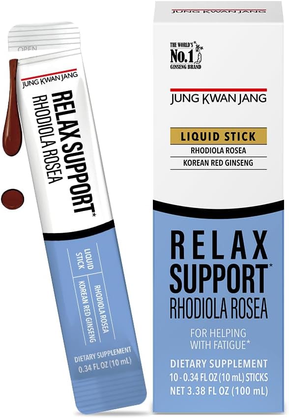 JUNG KWAN JANG Relax Support Rhodiola Rosea (800mg), koreansk rød ginseng hver gang ekstrakt Sticks, avslappende supplement for ro og klarhet, 10 teller