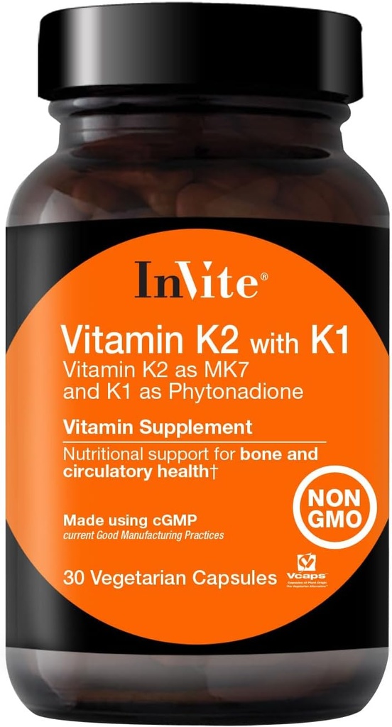Inviter Helsevitamin K2 med K1 - Støtter bein og sirkulatorisk helse - vitamin K2 som MK7 og K1 og Phytonadion - 30 vegetariske kapsler