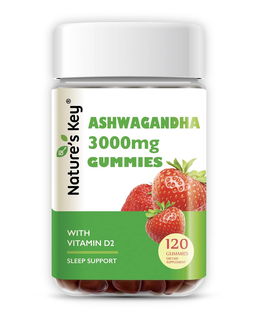 Naturens nøkkel Ashwagandha Gummies, høy potens Ashwagandha Root ekstrakt med vitamin D2, for menn og kvinner, Stress, rolig Mood & Cognition, Strawberry Flavor (120 greve (Pack of 1)