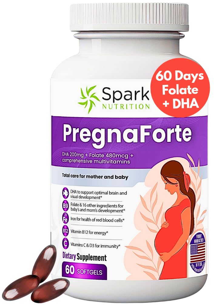 Pregnafort 1 om dagen Prenatal vitaminer for kvinner 2 måned: Folinsyre, Fiskeolje Omega 3 DHA/EPA, vitamin D3, B6, Vitmain B12, C, E, kalsium, jern, magnesium, sinktilskudd FSA HSA Eligble multivitamin