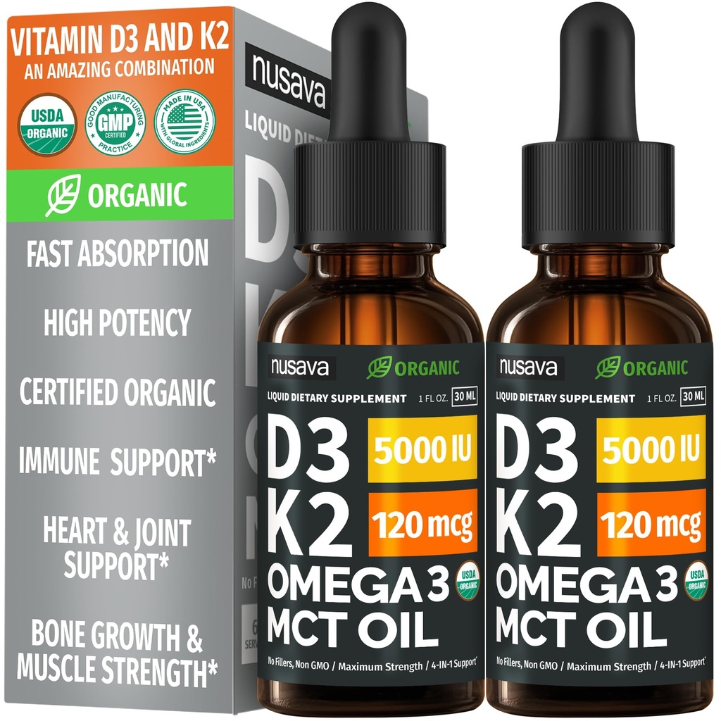 (2 pakke) organisk vitamin D3 K2 dråper med MCT olje Omega 3, 5000 IU - flytende D3, Ingen fyllstoffer, ikke-GMO, immunstøtte (uovertruffen, 2 Fl Oz)