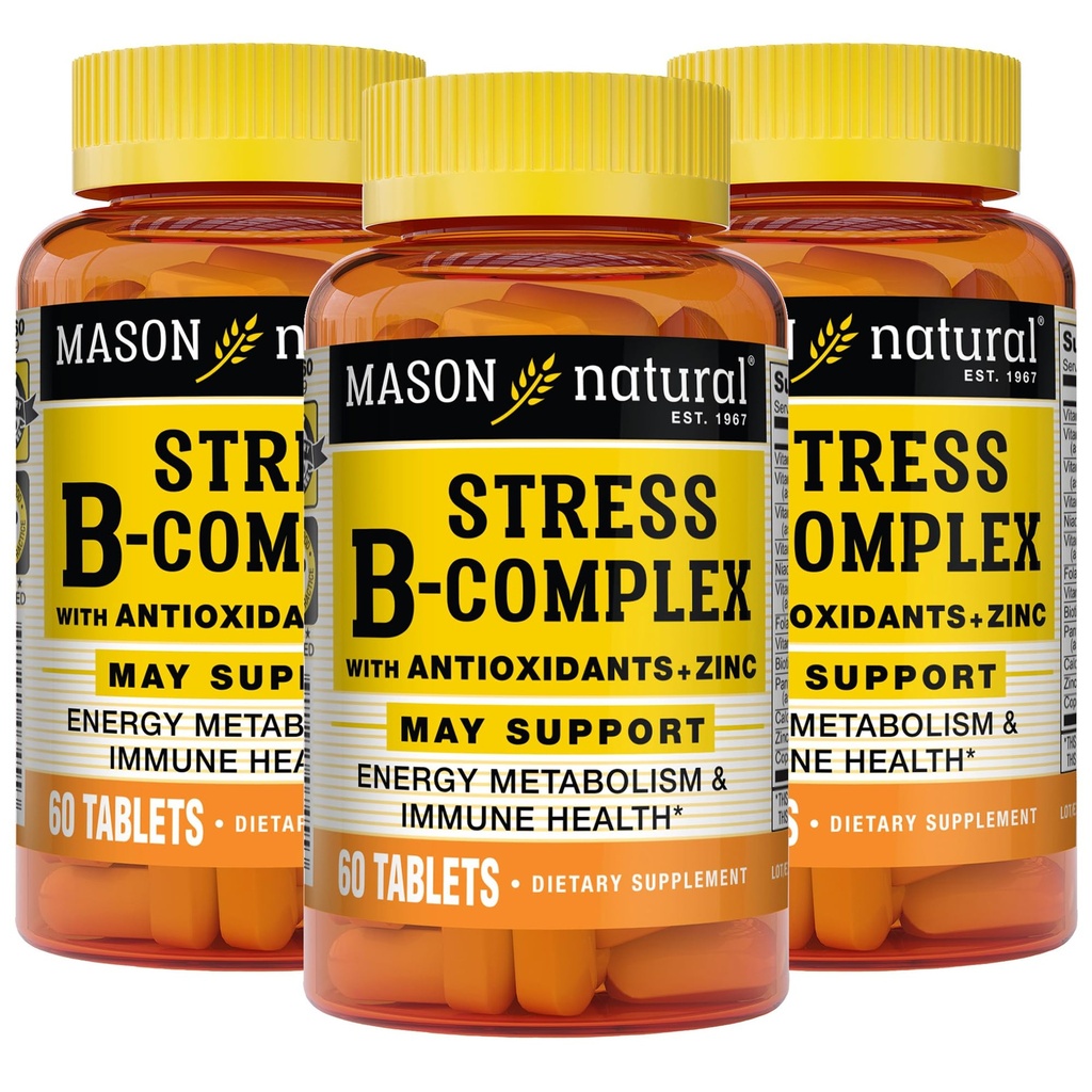 MASON NATURAL Stress B, Kompleks med antioksidanter + sink, 6 måneders forsyning, Dual Action Formula, støtter energimetabolisme og immunhelse, 3 pakke