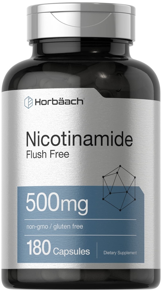 Horbäach Nicotinamide 500 mg | 180 kapsler | Flush gratis kosttilskudd | Ikke-GMO og Glutenfri vitamin
