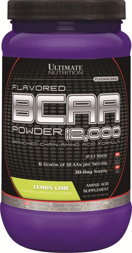 Ultimate Ernæring Flavored BCAA Powder 12.000, Post Trening Recovery Drink, 3g Leucine 1,5g Valine 1.5g Isoleucine, Branch kjede Aminosyrer Kosttilskudd for muskelgjenvinning, 60 Serveringer, Lemon Lime