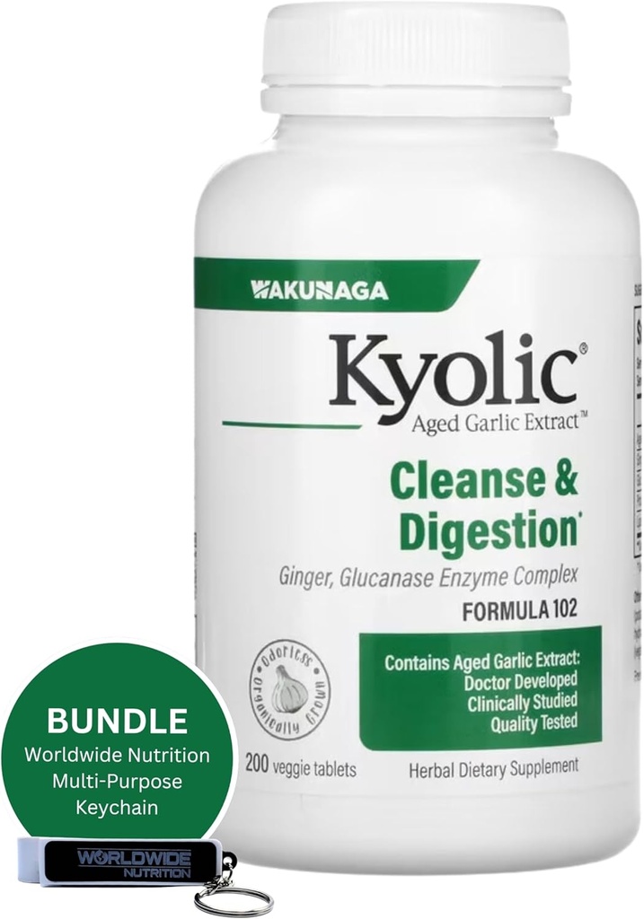 Worldwide Nutrition Bundle: Kyolisk Aged Whitelic Extract 200 Veggie Tabletter Formel 102 Cleanse & Digestion - Beriket med hvitløk Ginger Supplement - 200 Antall med multi-Purpose Key Chain
