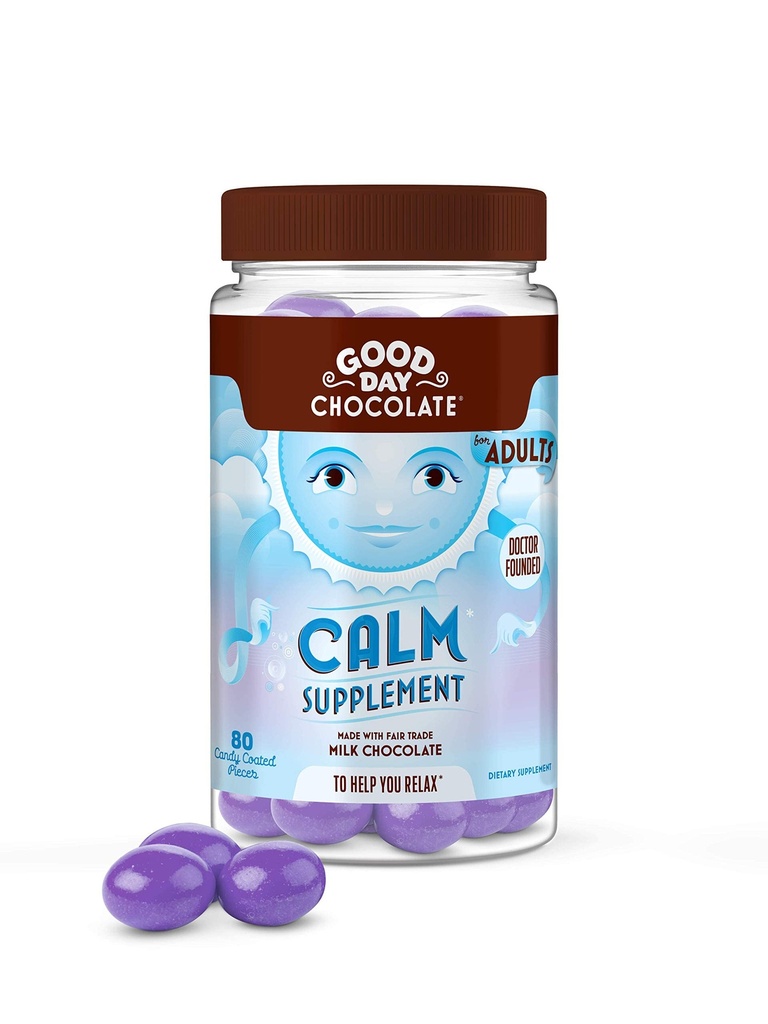 God dag sjokolade naturlig beroligende kosttilskudd for voksne, blanding av kamille, teanin, magnesium, rettferdig handel og ikke-GMO sjokolade, 80 stykker