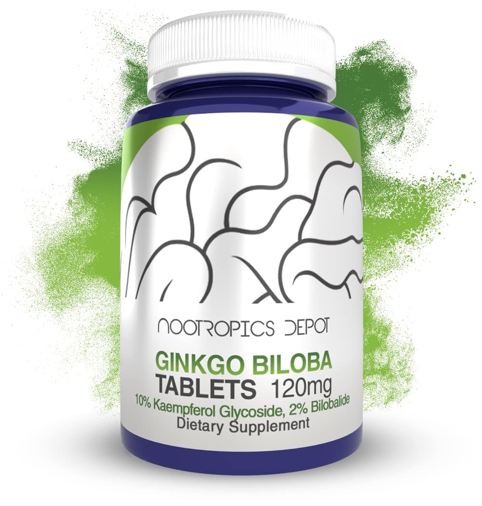 Nootropics Depot Ginkgo Biloba Extract Tabletter | 120 mg | 90 greve | Minimum 10% Kaempferol Glycoside + 2% Bilobalid | Kan bidra til å fremme kognitiv og kardiovaskulær funksjon