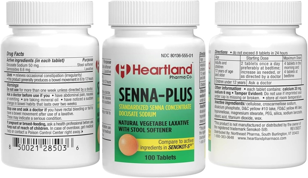 Senna-Plus naturlig grønnsaker Sennoside Laxative | Naturlig grønnsaker Laxative | Gentle Overnatting Accelerasjon | Dokusat Natrium Stool Softener | 100 tabletter