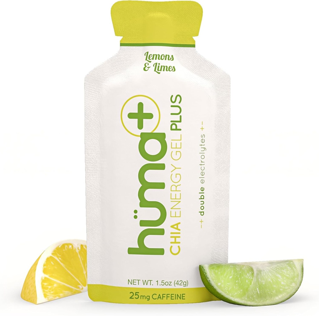 Huma Plus (Double Electrolytes) - Chia Energy Gel, Lemon Lime, 24 Gels, 25 mg Koffein - Magevennlig, Real Food Energy Gels