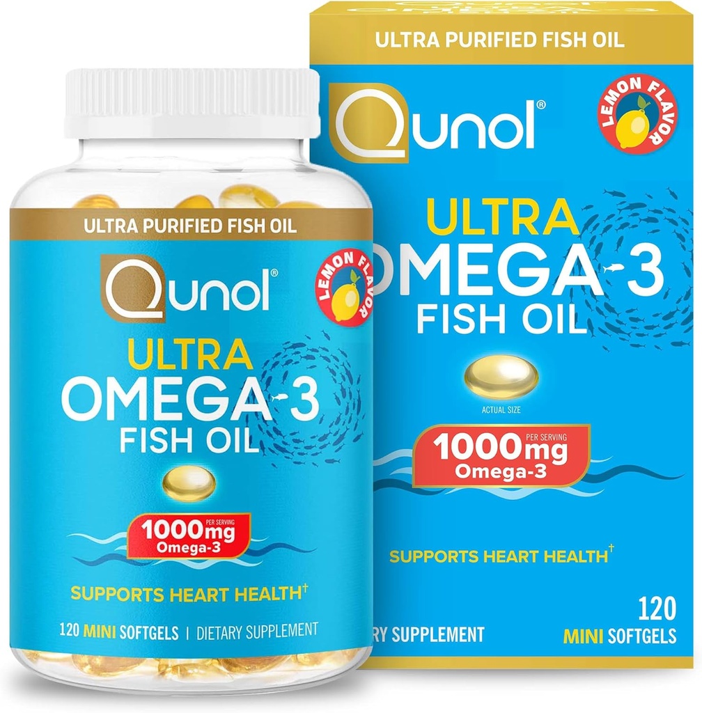 Qunol Omega 3 Fish Oil Mini Softgels, 1000mg Ultra ren fiskeolje, hjerte helse støtte, Omega 3 DHA kosttilskudd, sitronflavor, 2 måneders forsyning, 120 greve