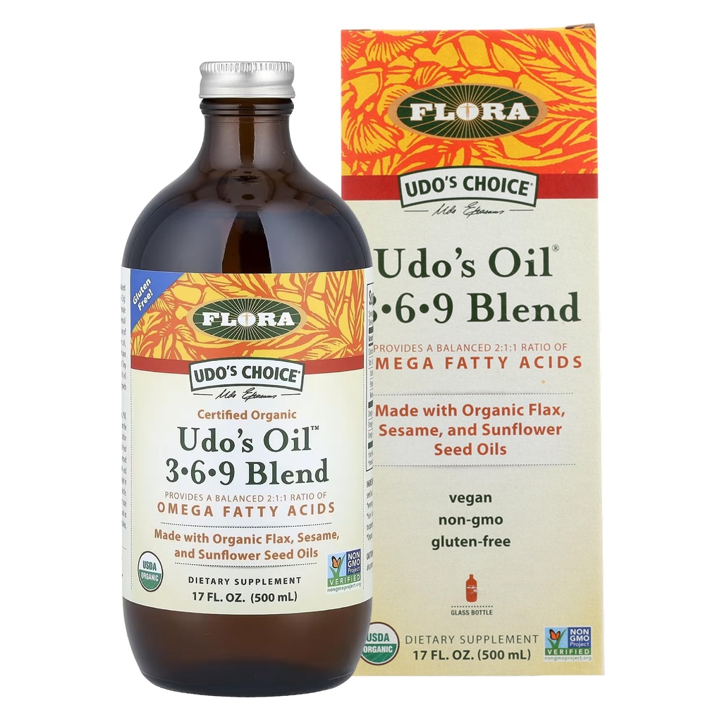 Flora Udo olje 3-6-9 blanding - Vegan Omega-3 & Omega-6 olje - Inneholder organisk kokosolje, Flax frøolje og mer - Holde kjølt - 17 fl oz.