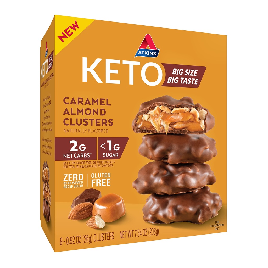 Atkins Caramel Almond Clusters, Glutenfri, Høyt i Fiber, 1g Sukker, 2g Netto Carb, Keto Vennlig, 8 Count