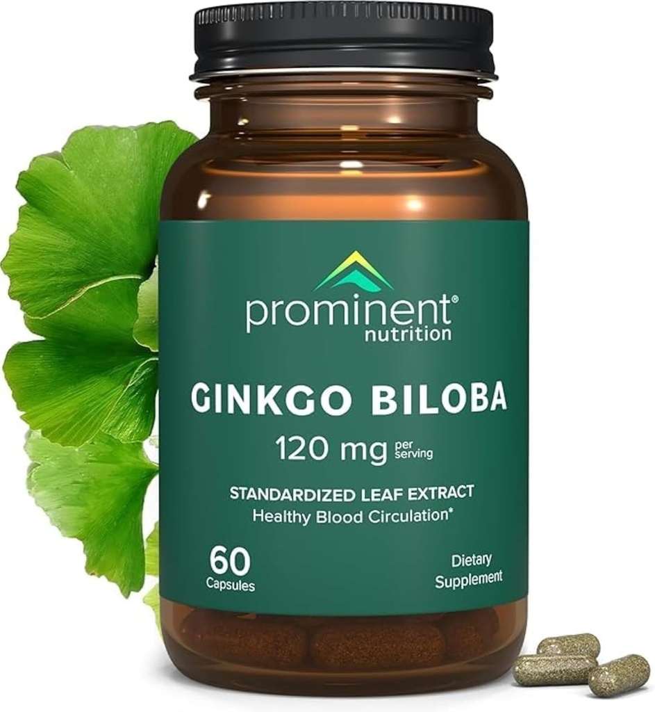 Prominent ernæring Ginkgo Biloba 120mg - Ginkgo Biloba Leaf Extract, Herbal kosttilskudd for å hjelpe støtte minne & fokus- Vegan, ikke-GMO, Glutenfri, Soja-fri, 60 dagers forsyning - 1 pakke