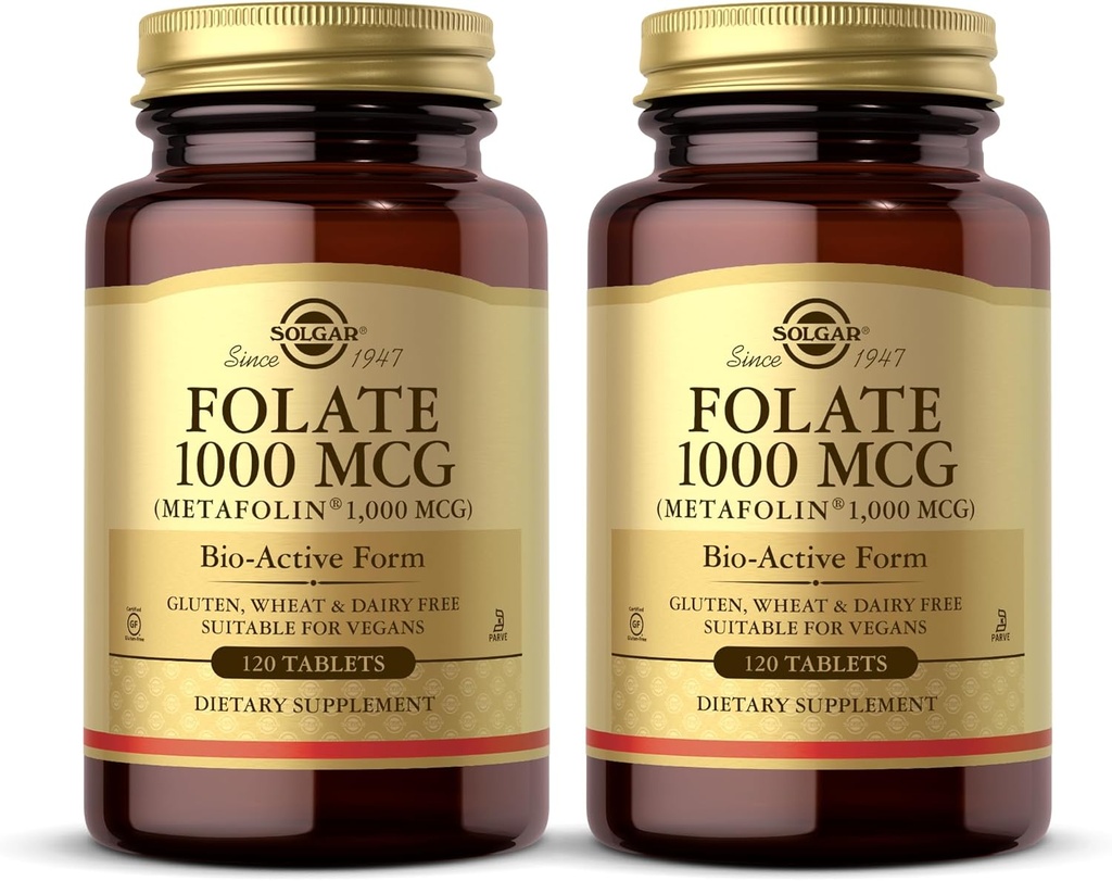 Solgar Folate 1000 mg - 120 tabletter, 2 pakke - 1000 mg Bio-Active Metafolin - Vegansk, Glutenfri, Dairy Free, Kosher - 240 Total Tjenester