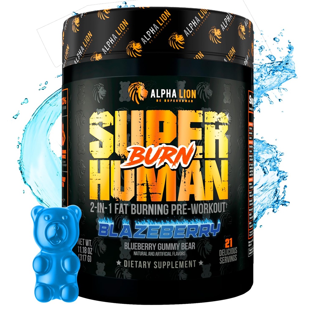 ALPHA LION Superhuman Burn – 2 i 1 Metabolisme Booster pre trening og termogen fettforbrenner for menn – Appetitt Suppressant og vekttap Supplement (21 Serverer, Blå Gummy Bear Flavor)