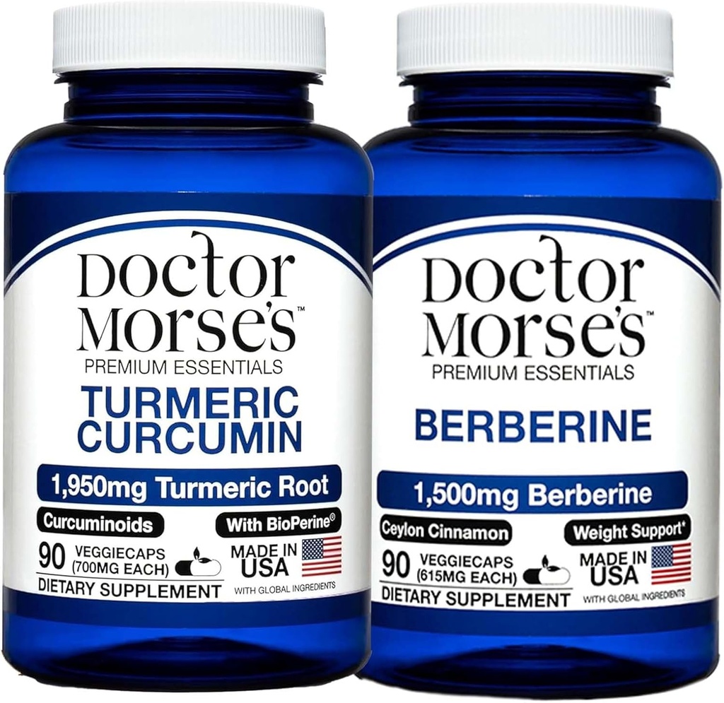 Dr. Morses Turmeric Curcumin 1950mg & Berberine 1500mg Bundle - Felles støtte, sunn metabolisme og immunforsterkning med BioPerine & Ceylon Cinnamon, FDA-Registrert, NSF-sertifisert 90 kapsler