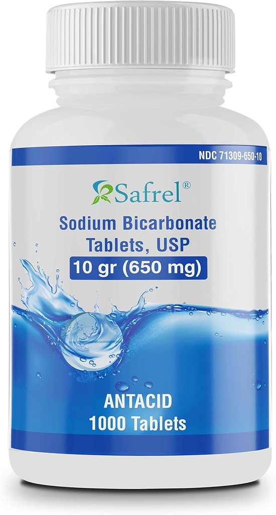 Safrel Natrium Bikarbonat Antisyre 650 mg (10 korn) 1000 tabletter | for relief av syreødeleggelse, hjertebrann, sur mage og upset mage | verdibesparende pakke