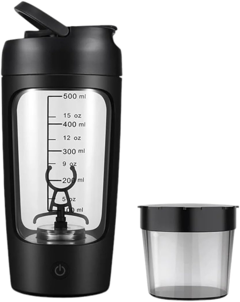 Elektrisk bærbar protein Shaker flaske for glatte blandinger | w/FREE PROTEIN POWDER CUP | Premium flaske laget av Tritan – BPA Gratis | 650 ml | Oppladbar | for GYM & Sports Entusiast. (svart)