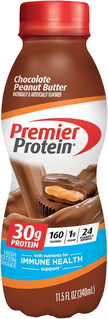 Premier proteinshake, sjokolade peanut smør, 30g protein, 1g sukker, 24 vitaminer og mineraler, næringsstoffer til å støtte immunhelse, 11.5 Fl Oz