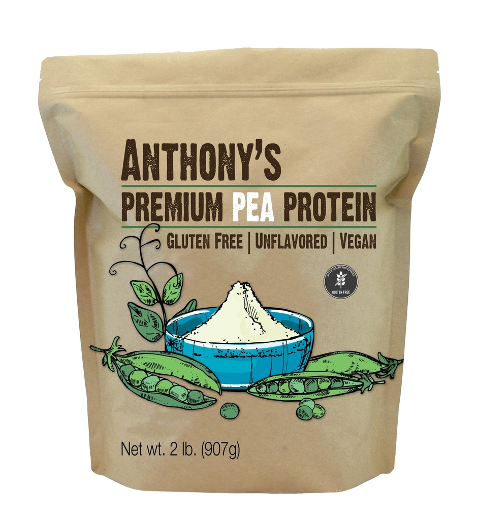 Anthony's Premium Pea Protein, 2 lb, Plante Basert, Glutenfri, Uflavorert, Vegan, Keto Vennlig, laget av ærter